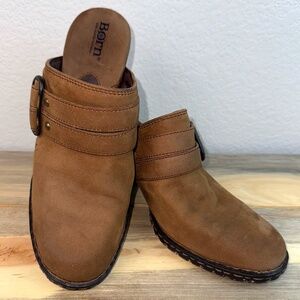 Born Slip On Distressed Brown Leather 3" Heel Mule Clogs Women's Size 7 Buckle